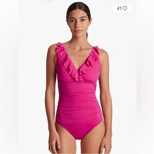 Lauren Ralph Lauren Hot Pink Ruffle V-Neck One-Piece Swimsuit